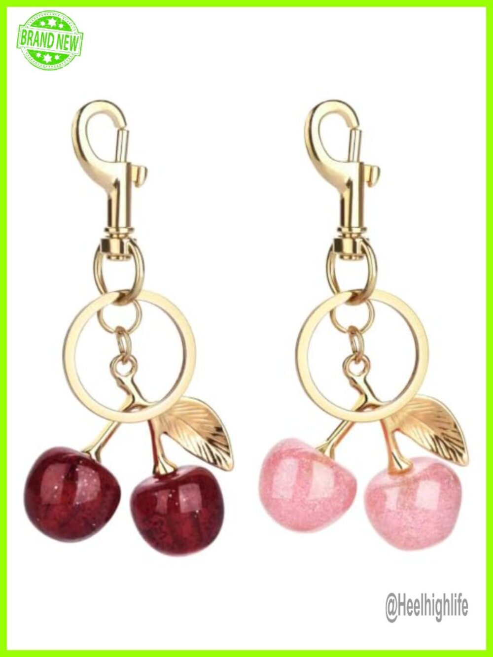 Cherry Bag Charm 2-Pack Glitter Resin Keychain Purse Charm Split Ring